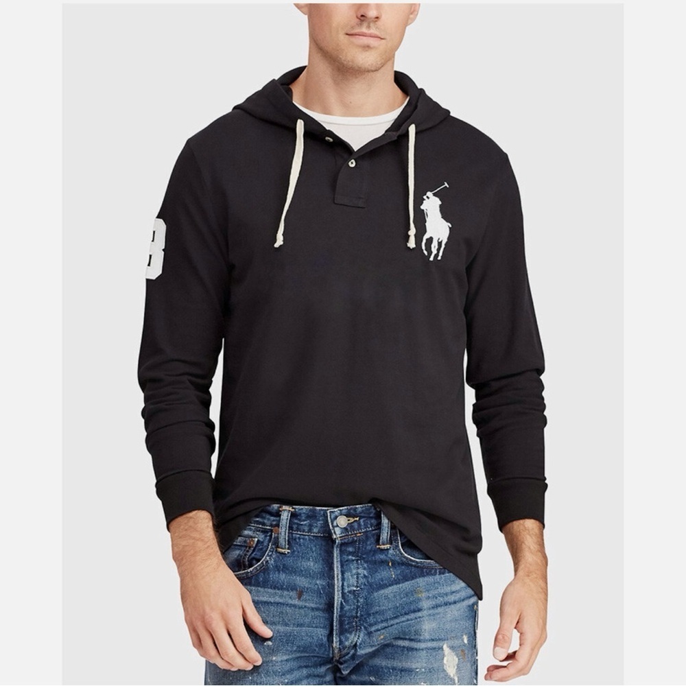 Polo Ralph Lauren Men’s Mesh Long Sleeve Hooded Shirt Black Big Pony Medium